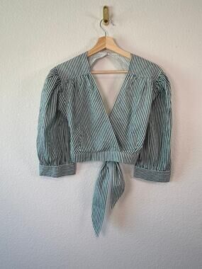 Madison Mathews Green Stripe Tie Back Cutout Puff Sleeve Crop Blouse Large